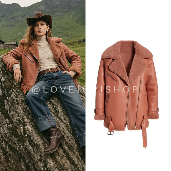 Avec Les Filles Jackets & Blazers - Boho Western | Avec Les Filles Faux Shearling Oversized Moto Bikercore Jacket L